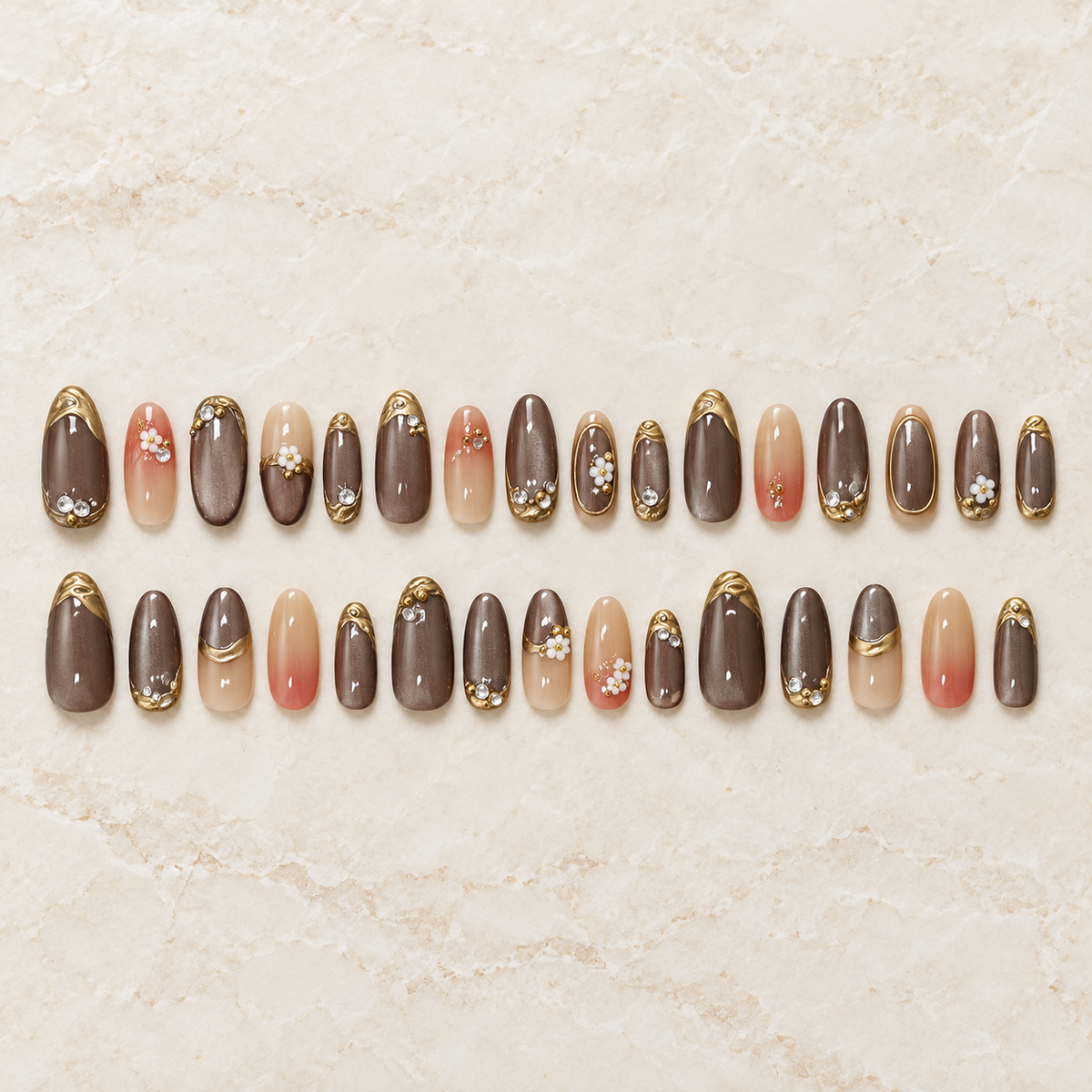 Gilded Charm Cat Eye Floral Press On Nail Set
