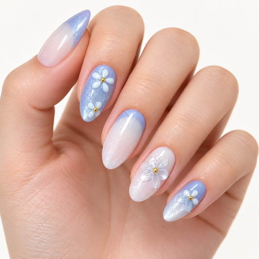 Romantic Flower Sea Icy Blue Cat Eye Press On Nail Set