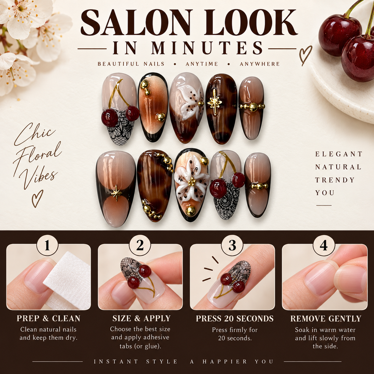 Shadow Floral Cherry French Press On Nails - image 7