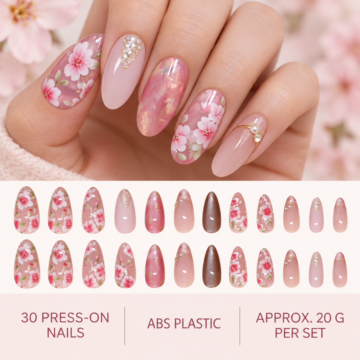 Peach Blossom Cat Eye Rhinestone Press On Nail Set