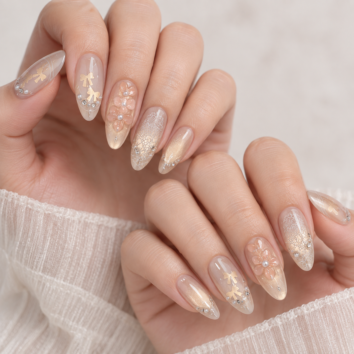 Gardenia Pearl Diamond Cat Eye Press On Nail Set
