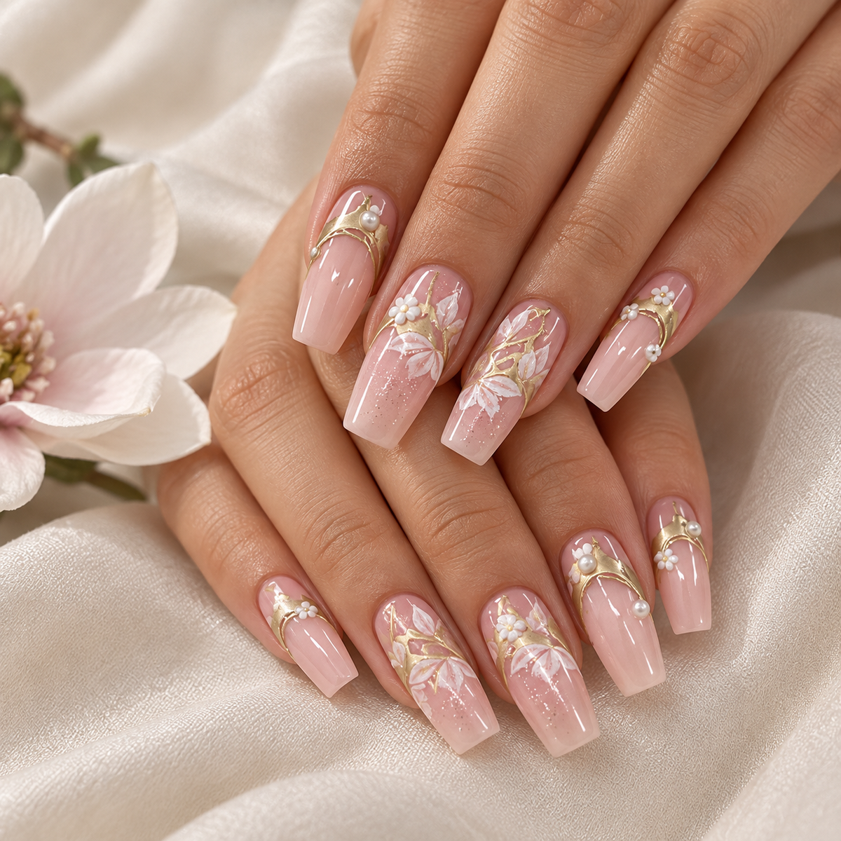 Gilded Magnolia French Pearl Press On Nail Set