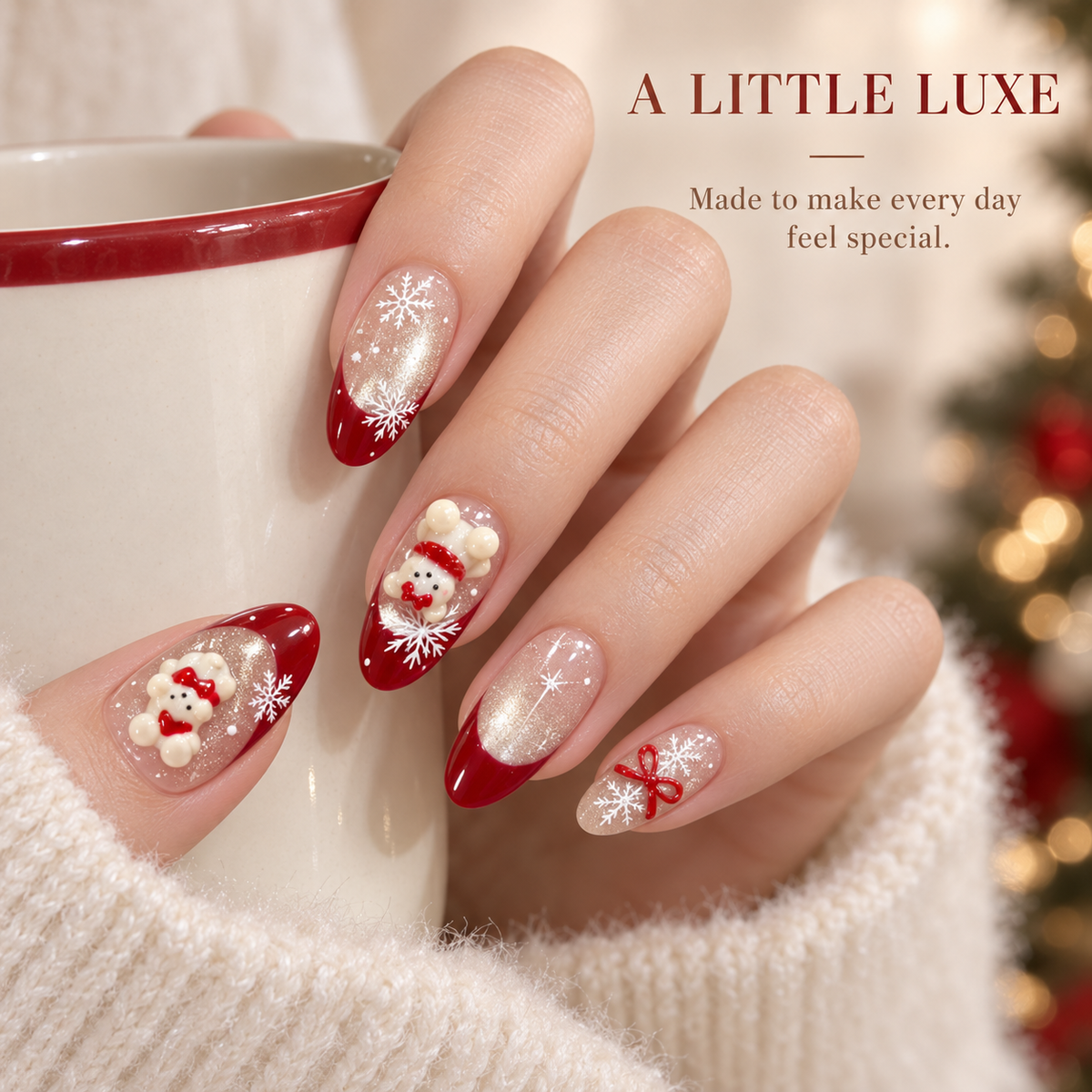 Milky Apricot Christmas Bear Press On Nail Set