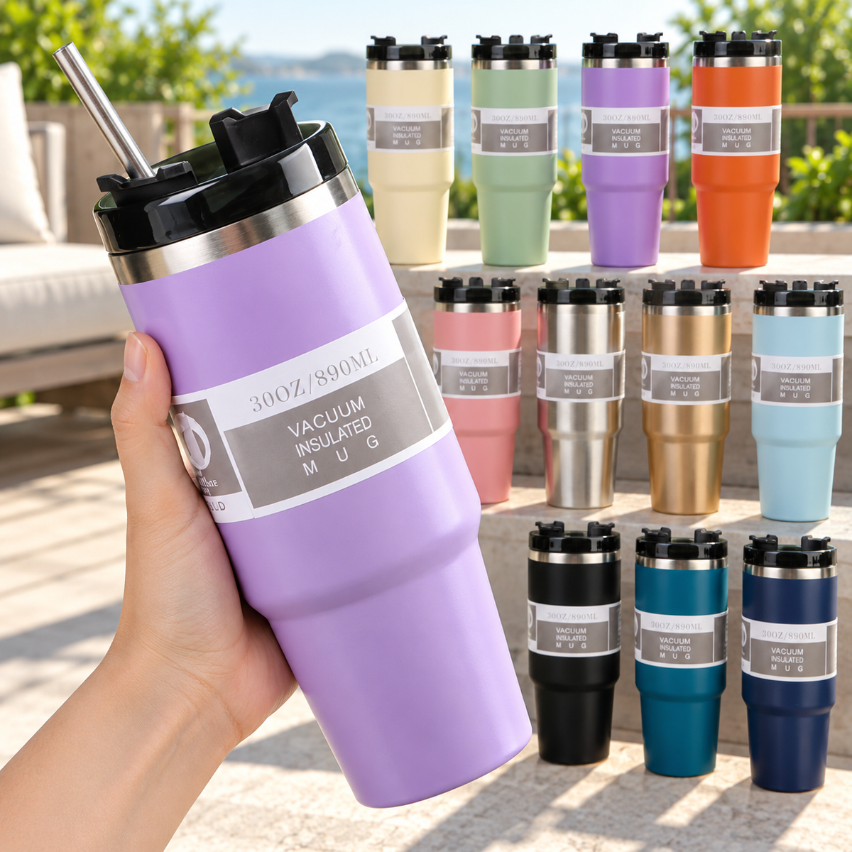 30 oz Rotation-Lid Tumbler with Metal Straw