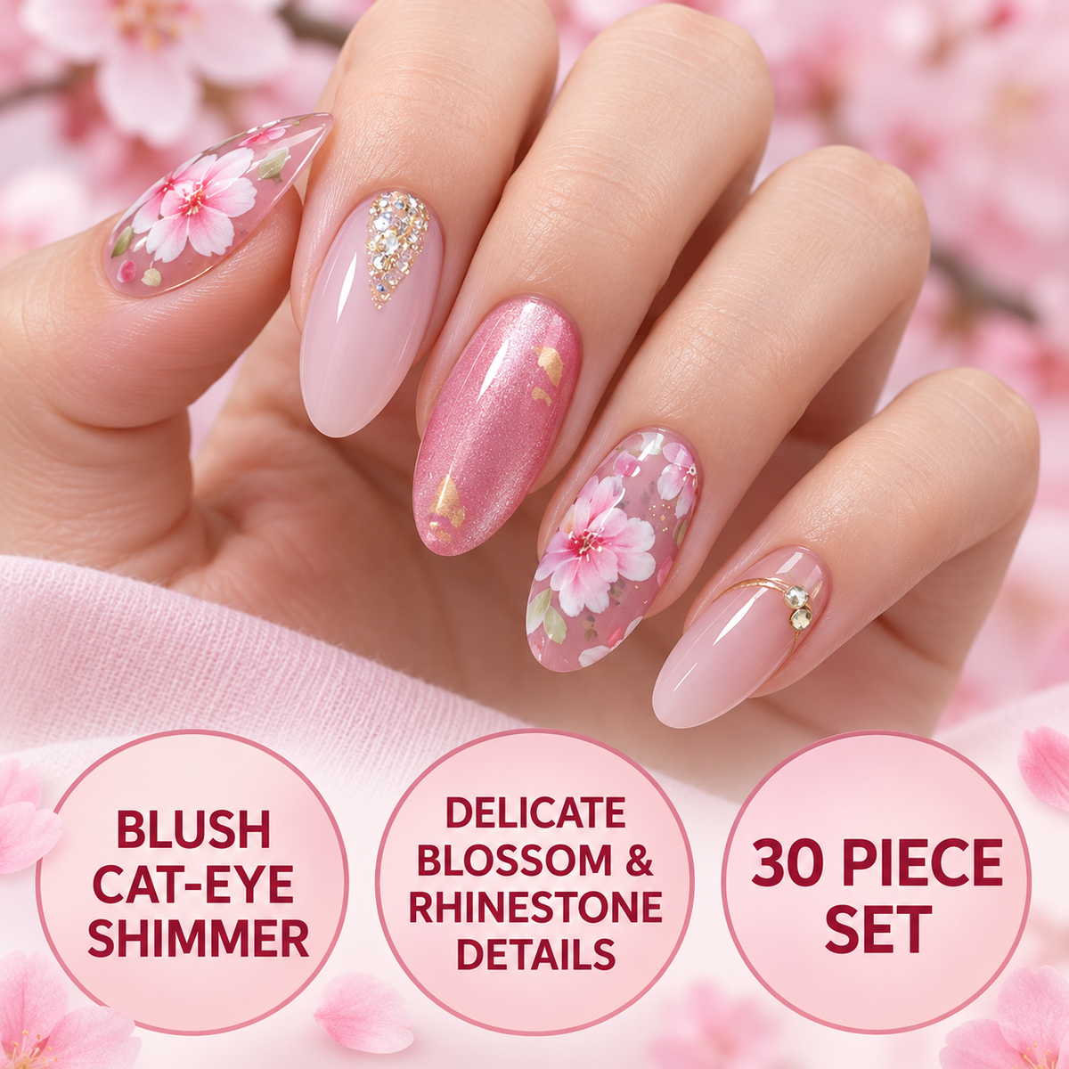 Peach Blossom Cat Eye Rhinestone Press On Nail Set
