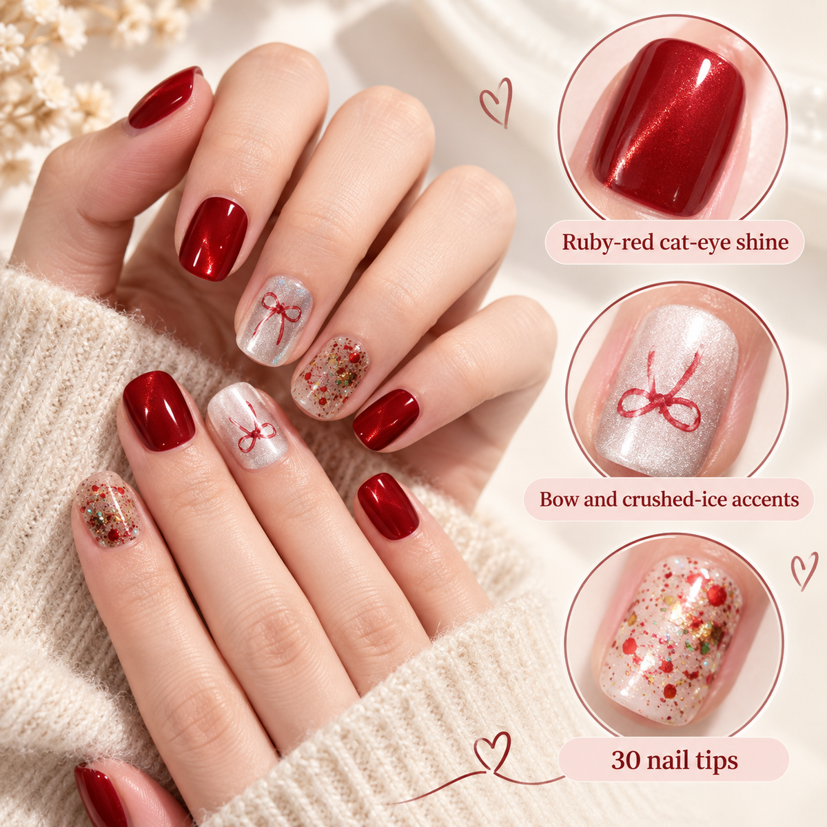 Red Bow Crushed Ice Cat Eye Press On Nail Set
