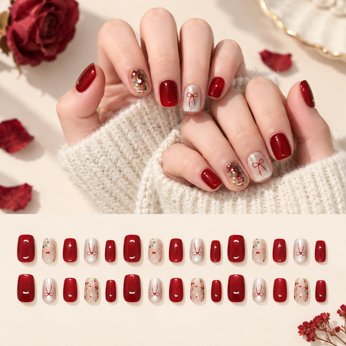 Red Bow Crushed Ice Cat Eye Press On Nail Set