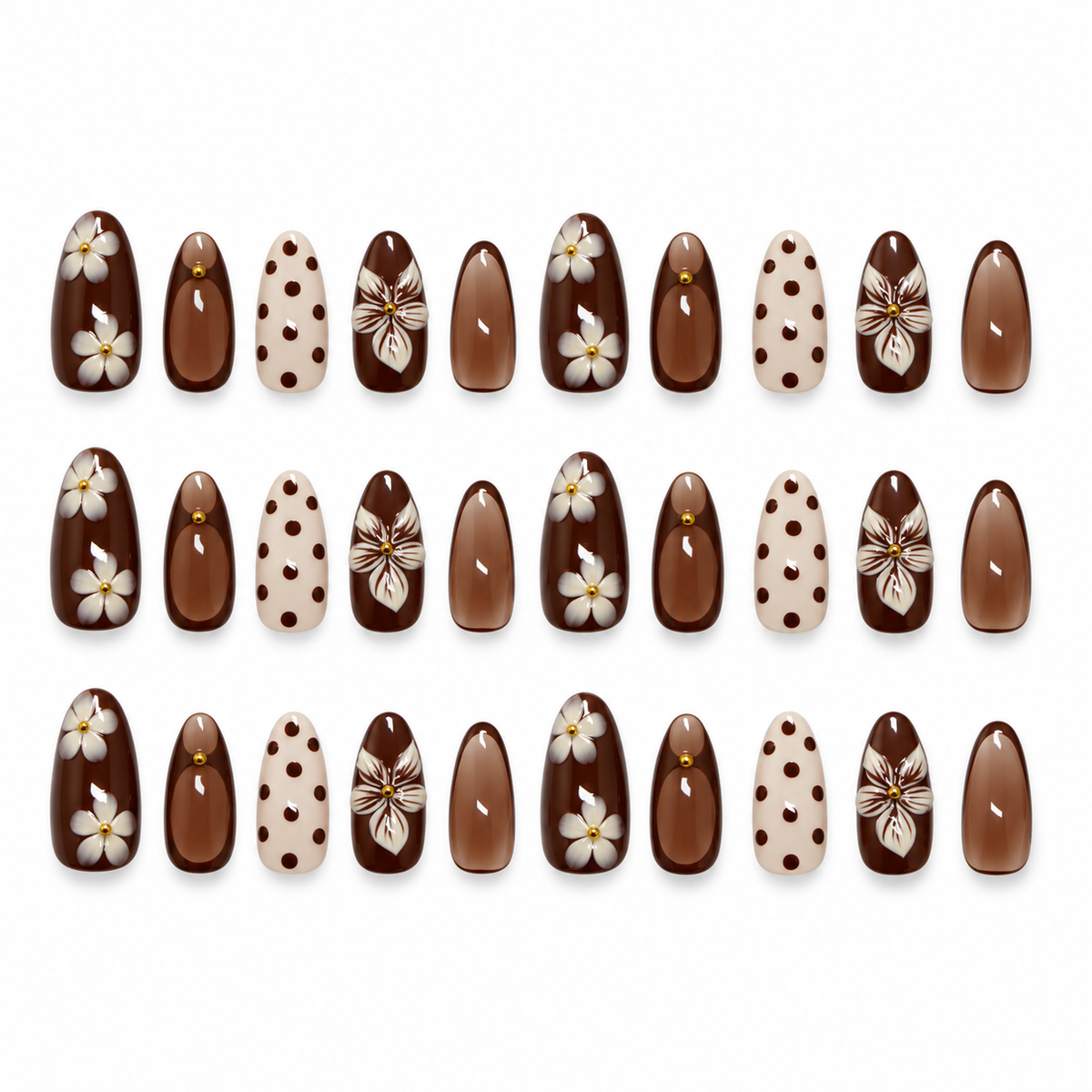Mocha Cream Floral Gold Bead Press On Nail Set
