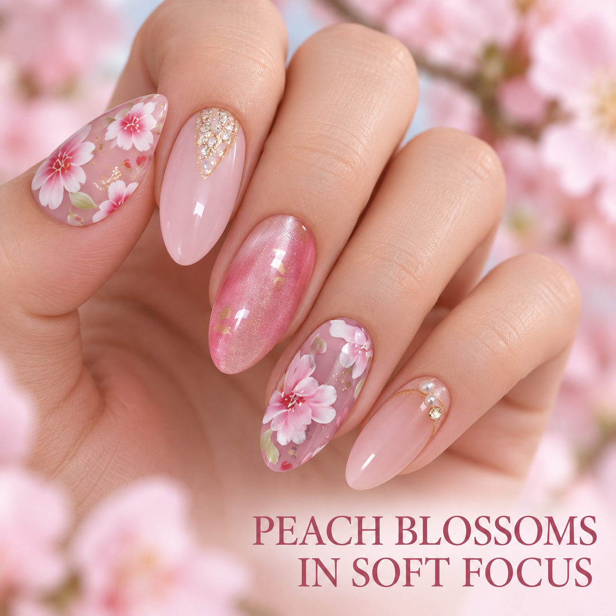 Peach Blossom Cat Eye Rhinestone Press On Nail Set