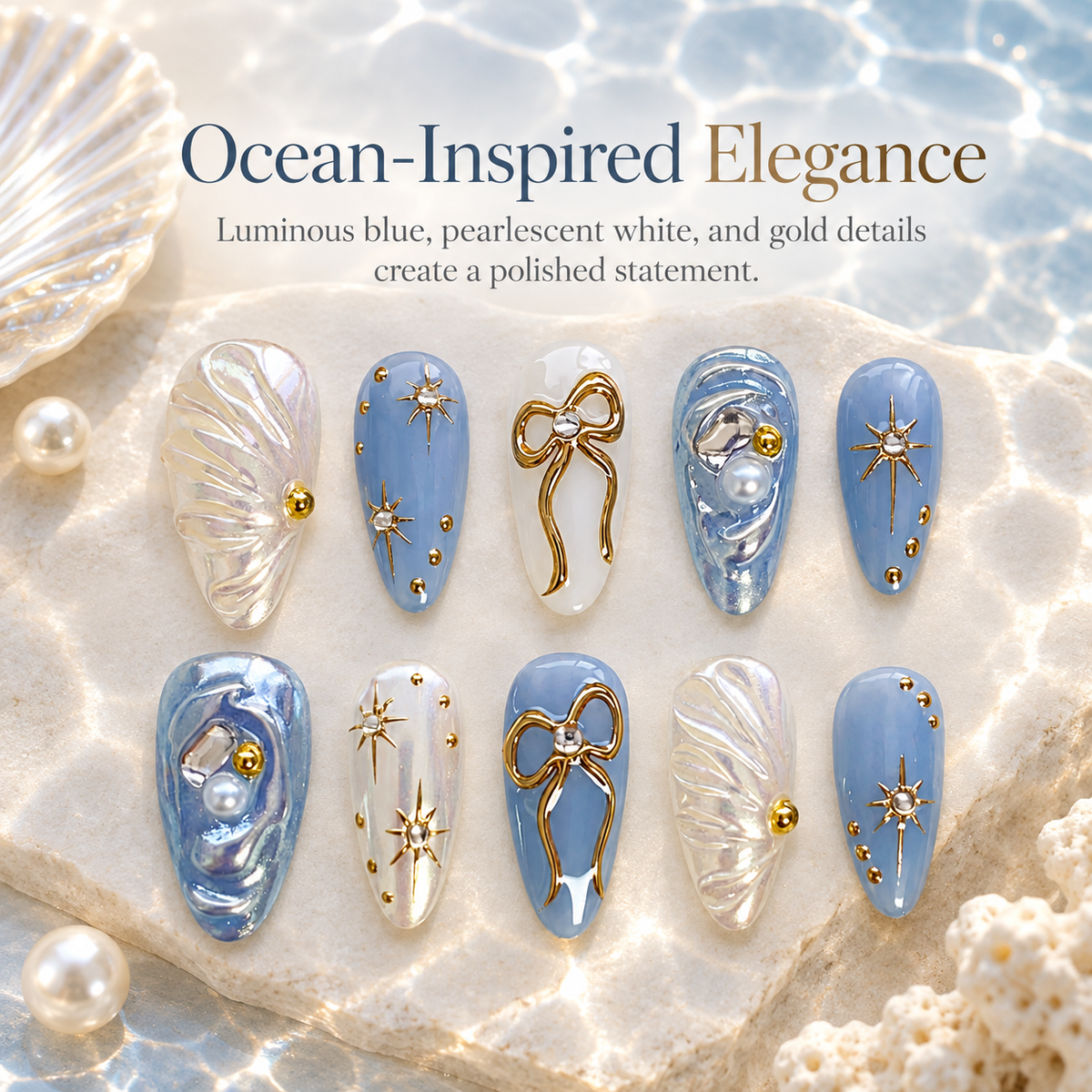 Ocean Blue Gold Accent Press On Nails - replacement image 3