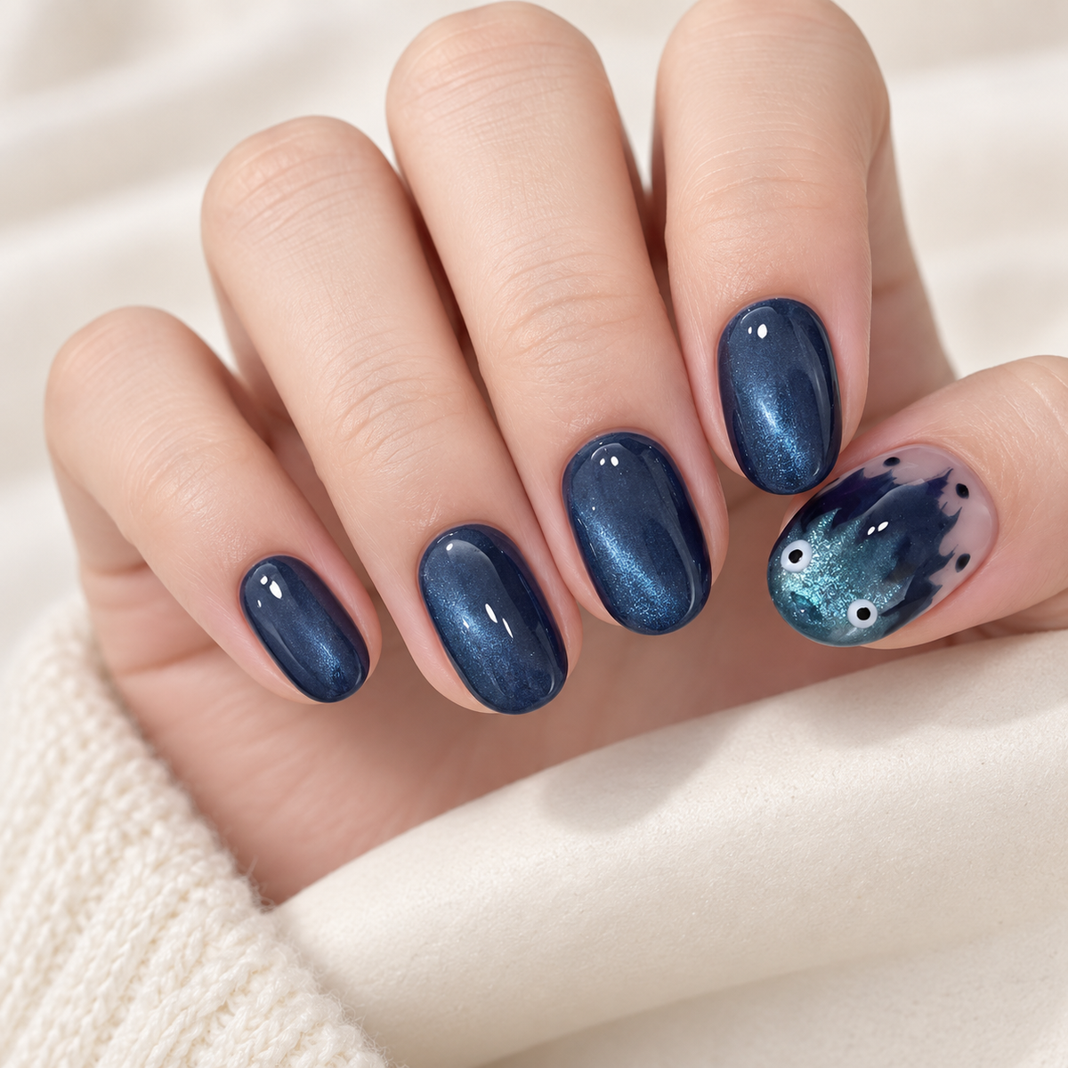 Indigo Devil Flame Cat Eye Press On Nail Set