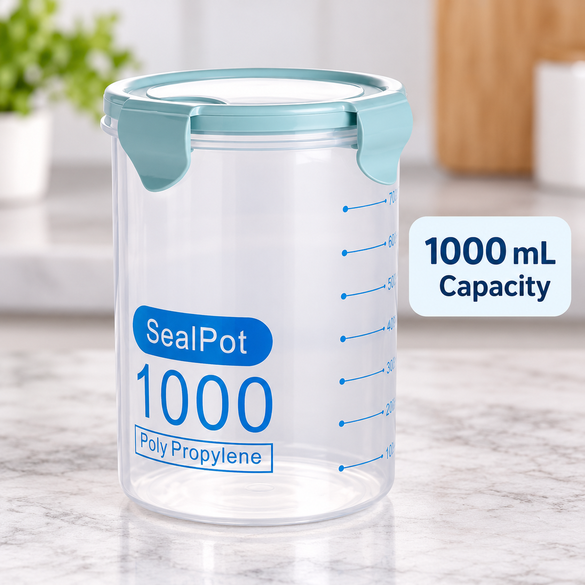 1000 mL Clear Storage Canister with Pale Blue-Green Lid 3