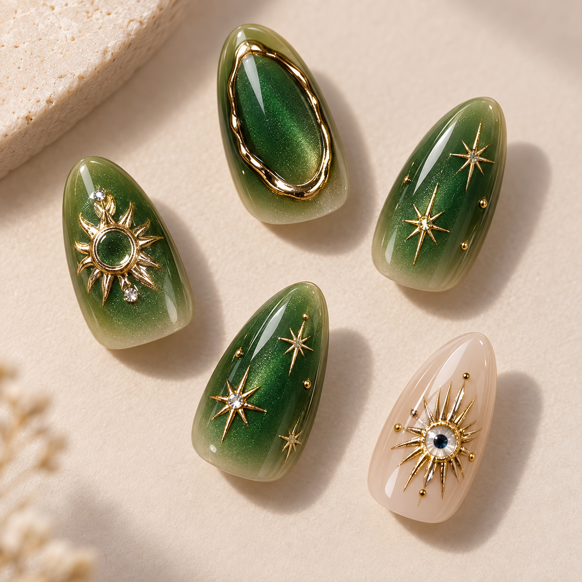 Emerald Starburst Marbled Press On Nail Set