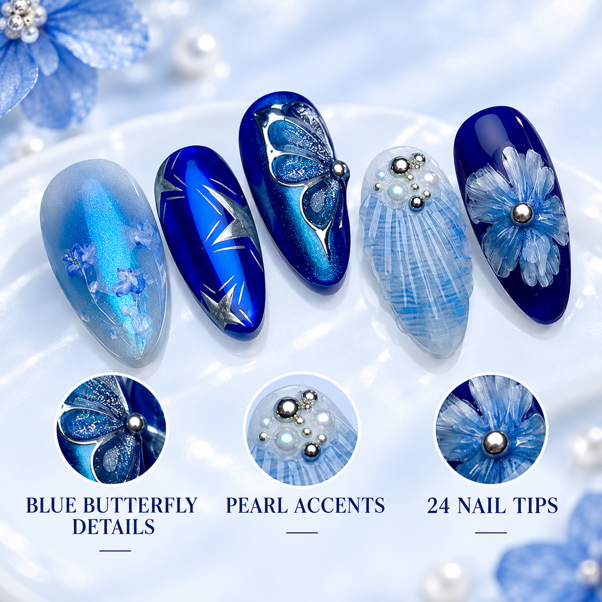 Deep Blue Floral Butterfly Pearl Press On Nail Set