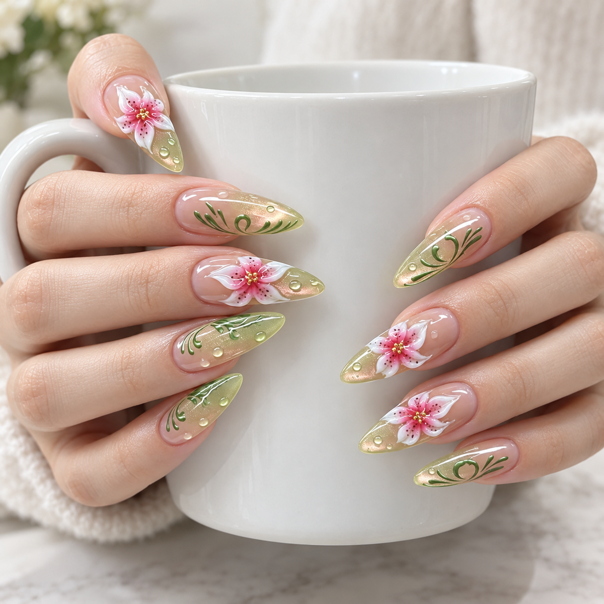 Iced Grape Cat Eye Floral Press On Nail Set