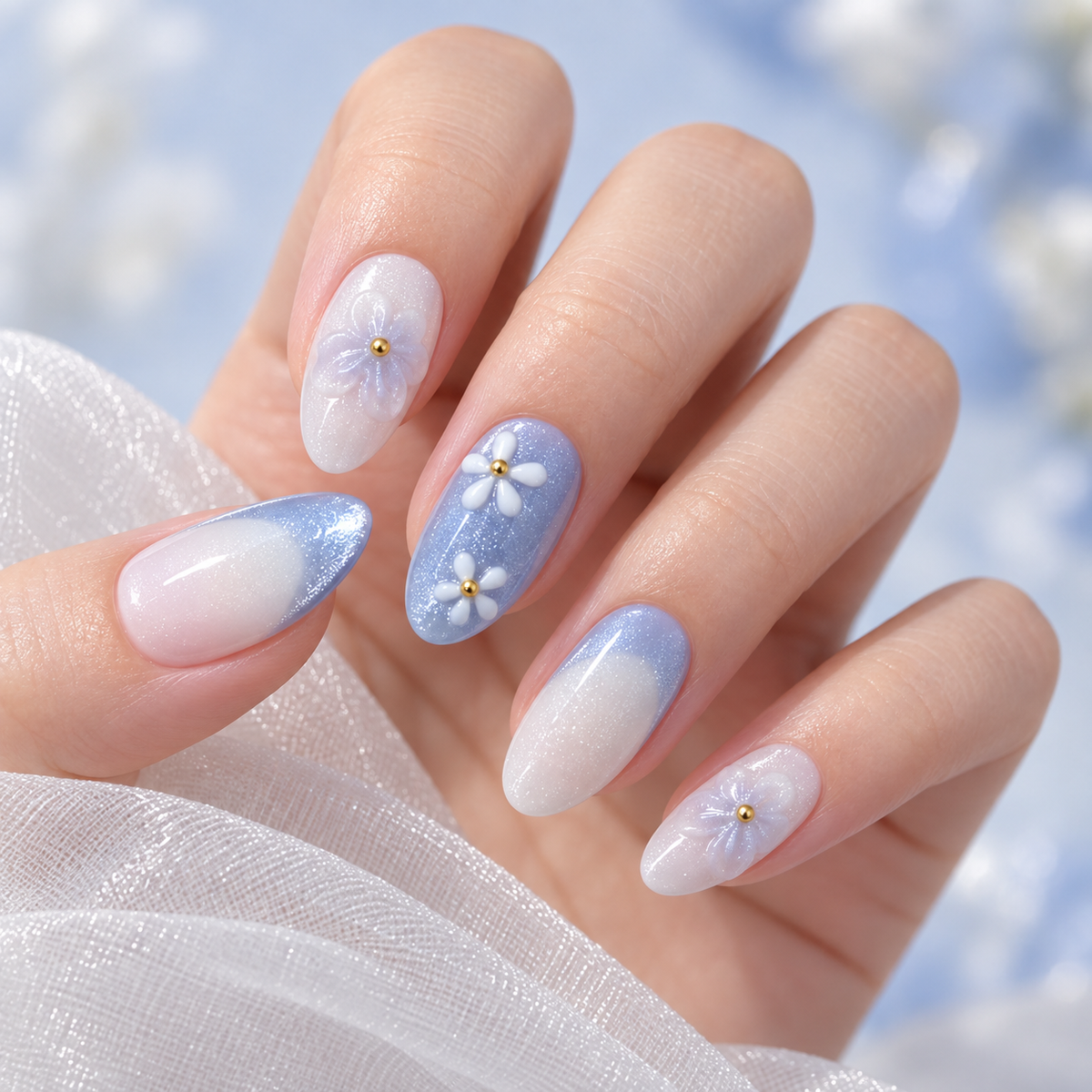 Romantic Flower Sea Icy Blue Cat Eye Press On Nail Set