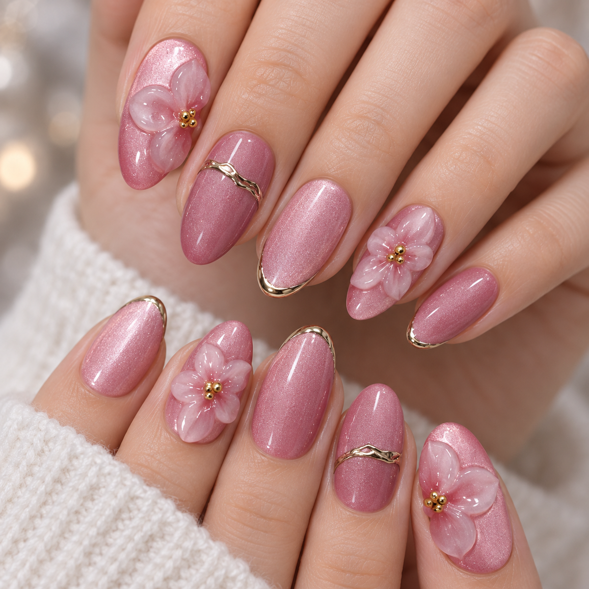 Pink Purple Gilded Floral Cat Eye Press On Nail Set