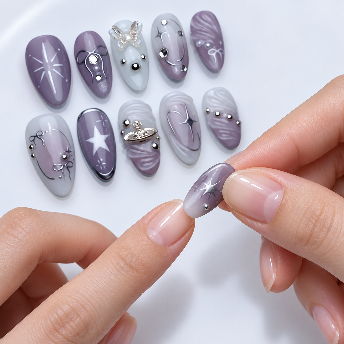 Cosmic Purple Rhinestone Bow Press On Nail Set