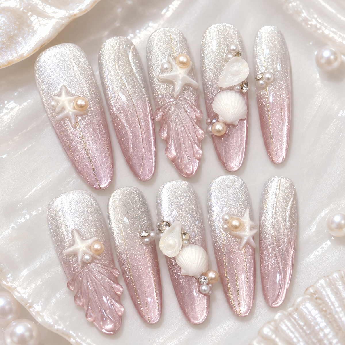 Icy Pink Seashell Cat Eye Press On Nail Set