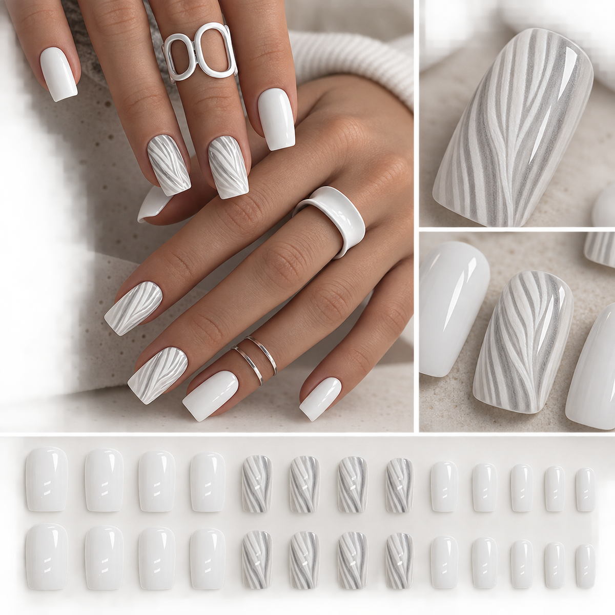 Gray White Woodgrain Hills Press On Nail Set