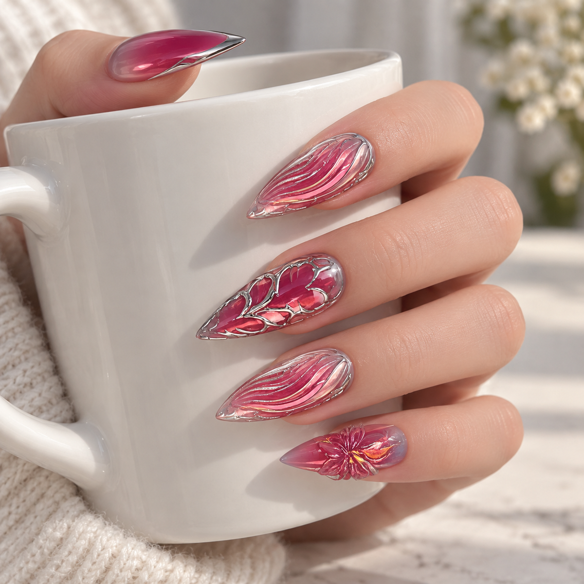 Silver Feather Liquid Chrome Wave Press On Nail Set