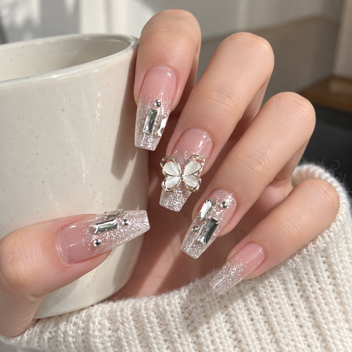 Rotating Butterfly Glitter Ballet Press On Nail Set