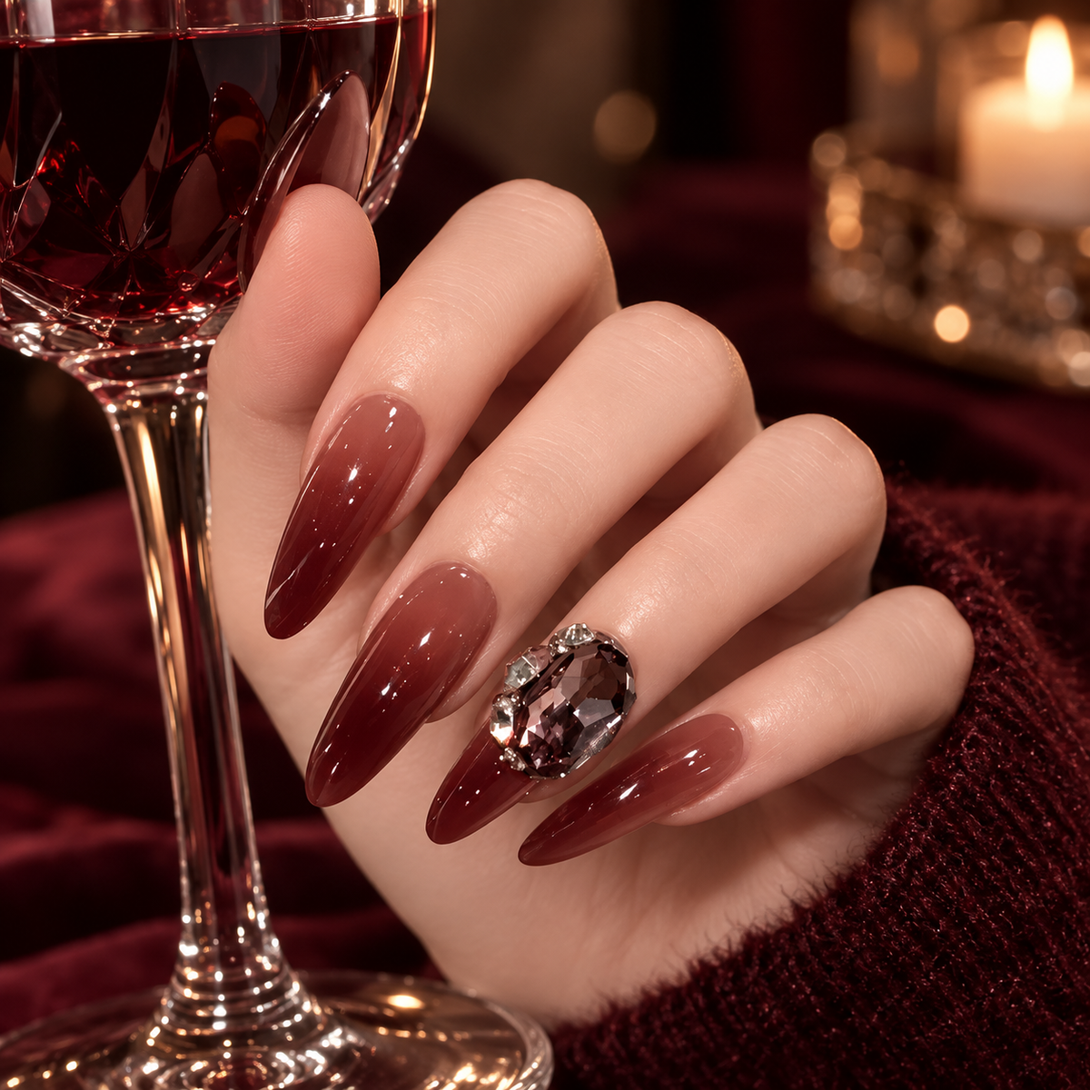 Dark Red Ruby Ombre Rhinestone Press On Nail Set