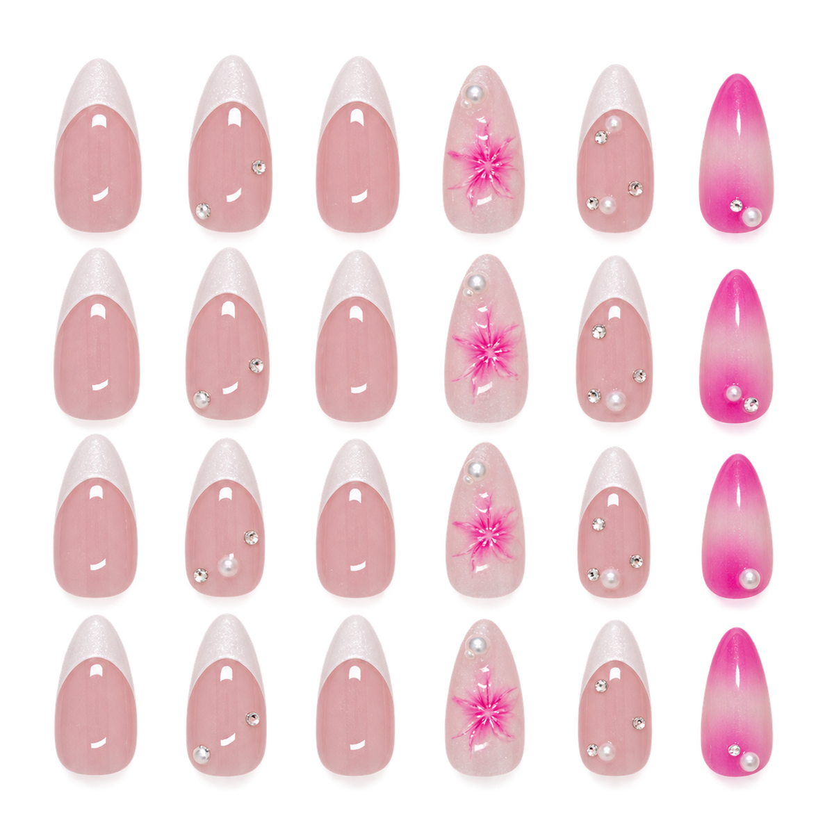Pink Purple Ice Flower Pearl French Press On Nail Set