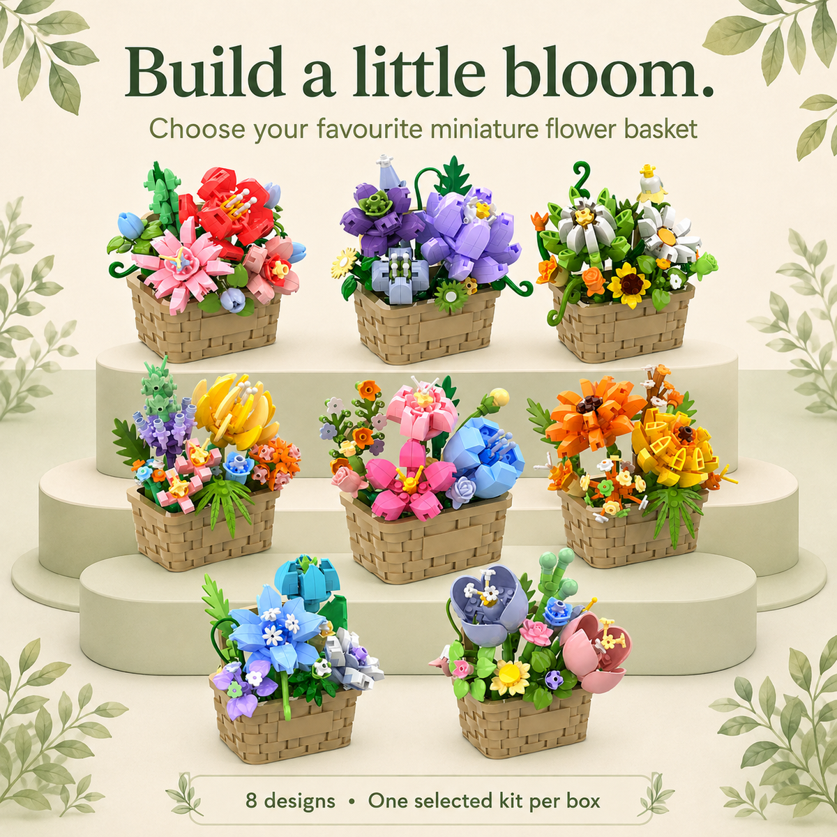 All eight Flower Basket Building Kit designs — advertisement; sold individually