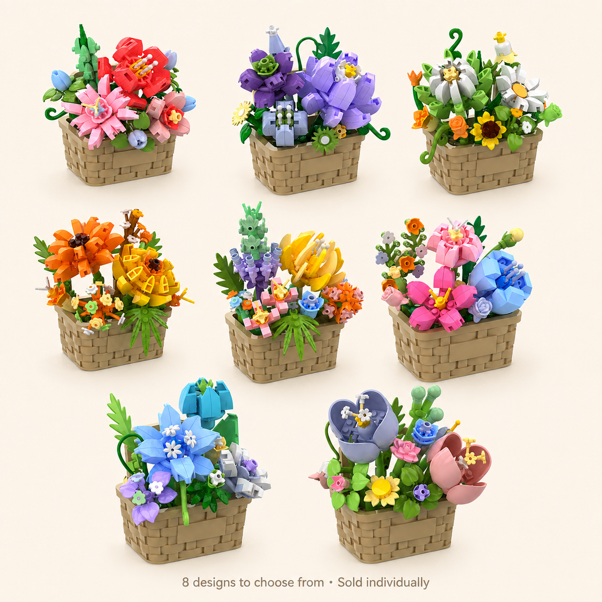All eight Flower Basket Building Kit designs — hero; sold individually