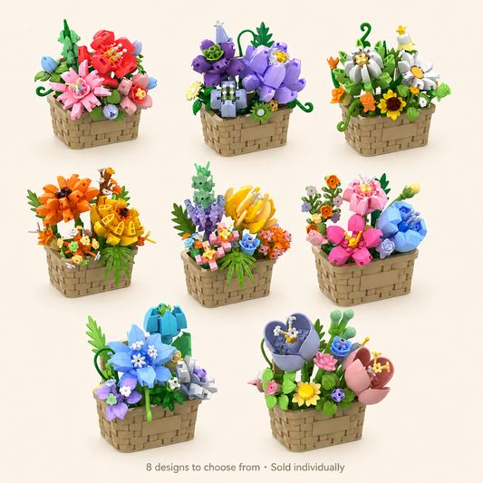 All eight Flower Basket Building Kit designs — hero; sold individually