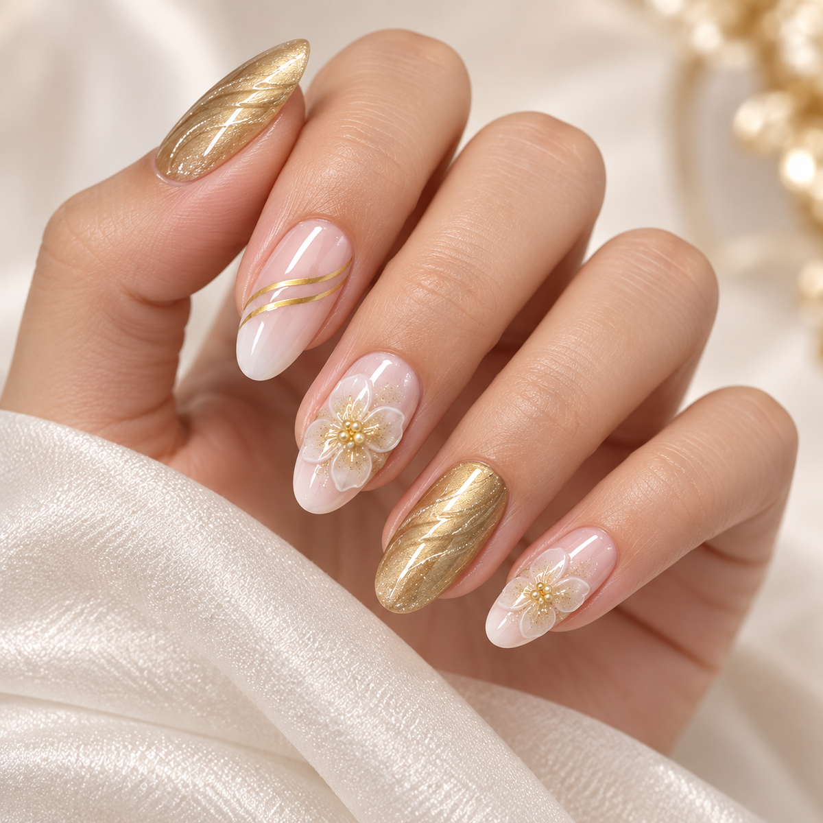 Gold Foil Icy Floral French Press On Nail Set
