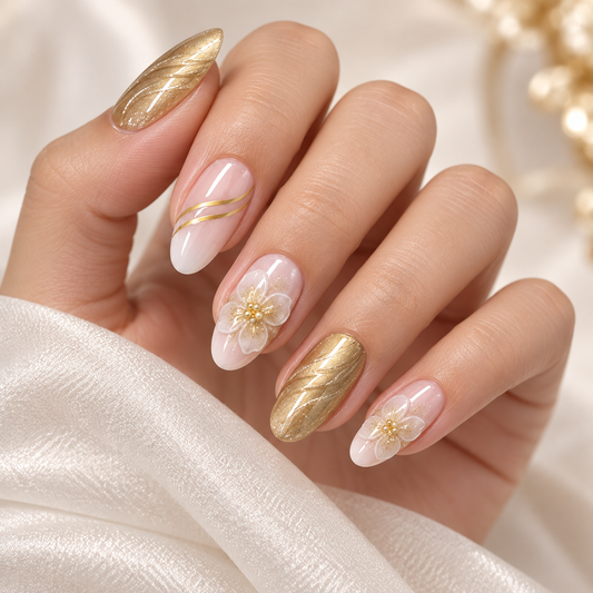 Gold Foil Icy Floral French Press On Nail Set