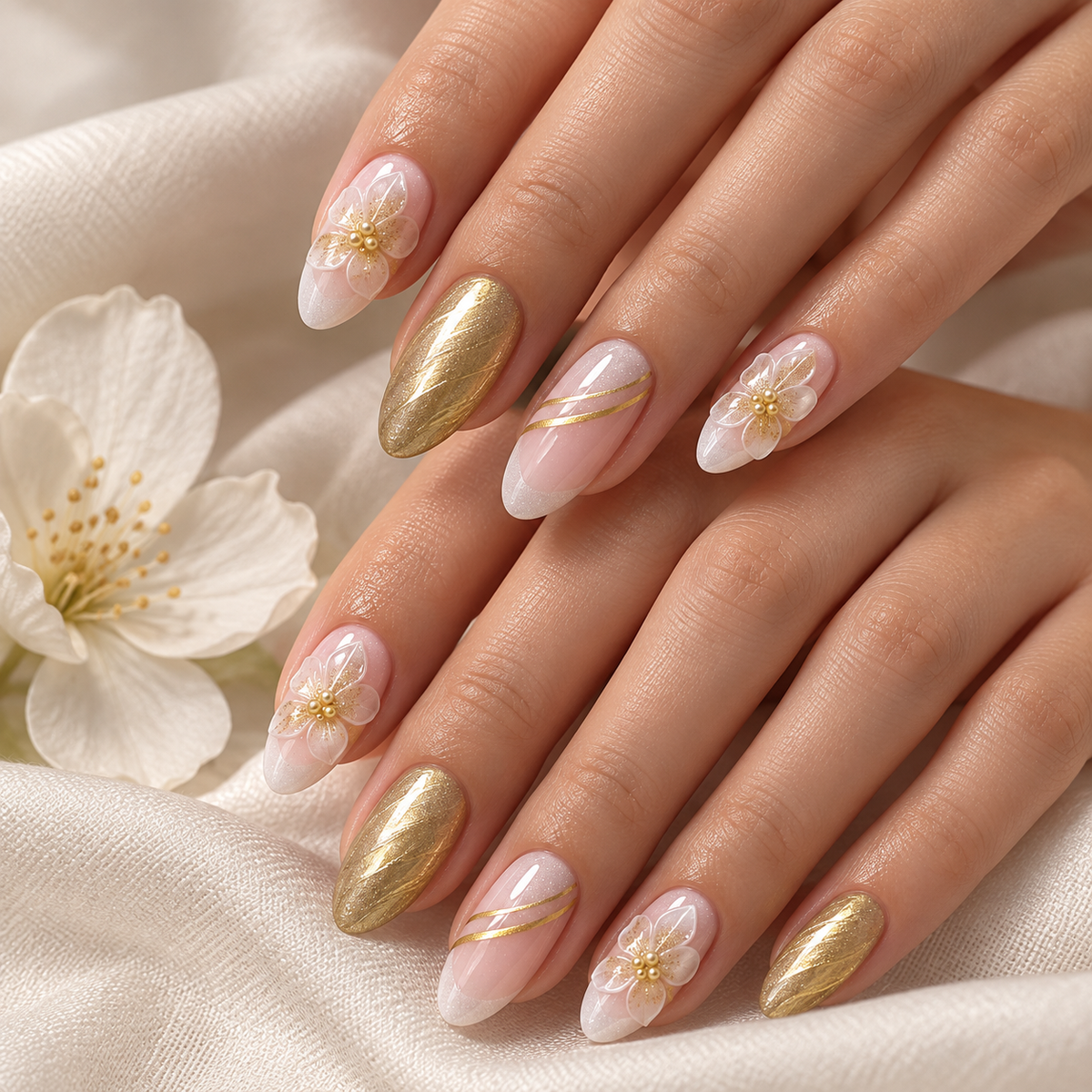 Gold Foil Icy Floral French Press On Nail Set