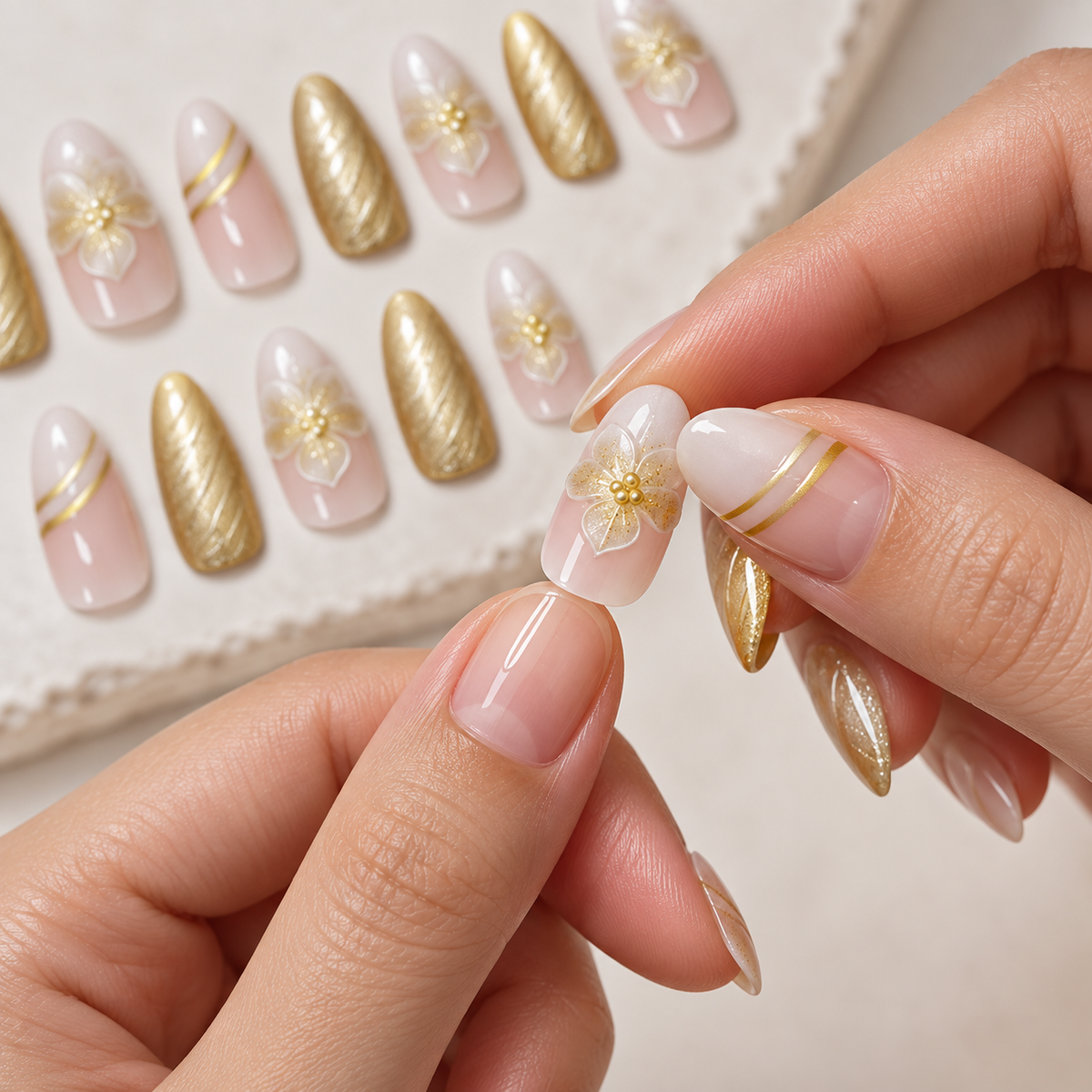 Gold Foil Icy Floral French Press On Nail Set