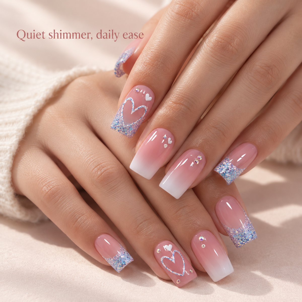 Heart Glitter White Ombre French Press On Nail Set · mproduct-22f2b77582001c9ccf9a