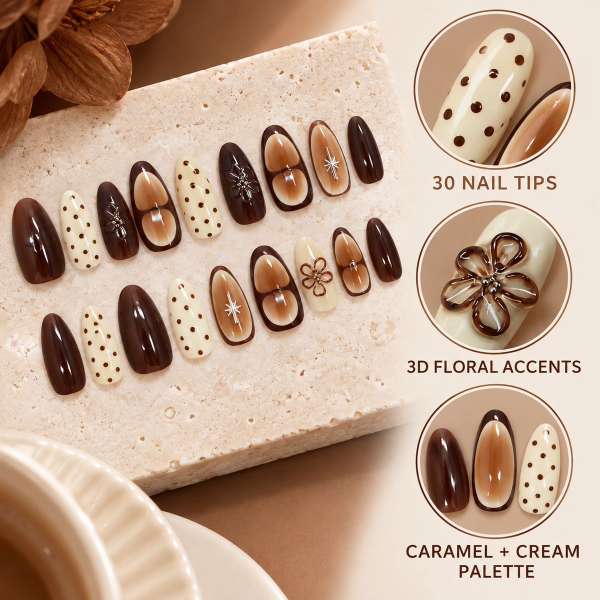 Caramel Latte Floral Starburst Press On Nail Set · mproduct-2ac2a1f2dfcbfc47fa1e