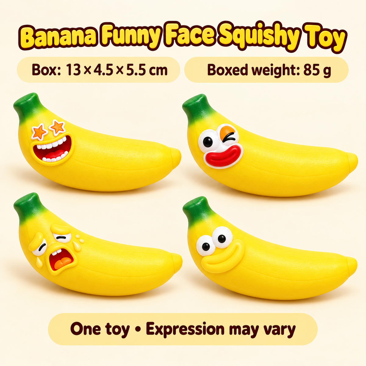 Banana Crunchy Squishy Toy with a Curved Yellow Shape and Funny Face · mproduct-439675508274a66ea412