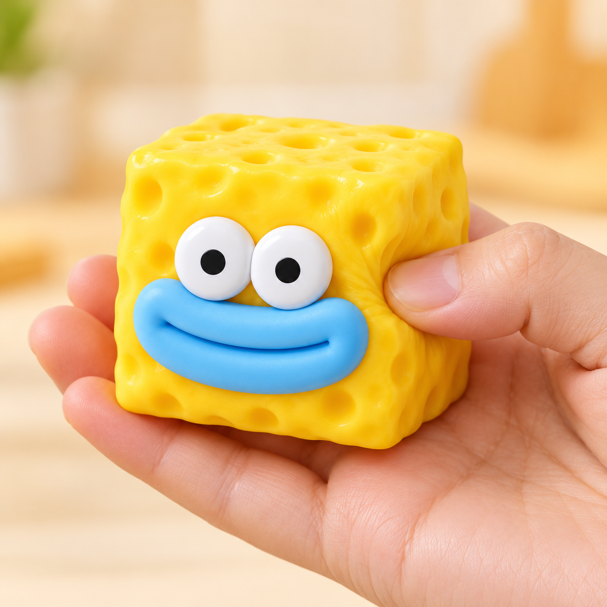 Cheese Cube Crunchy Squishy Toy with Dimpled Sides and a Funny Face · mproduct-4e0332228885da088db5