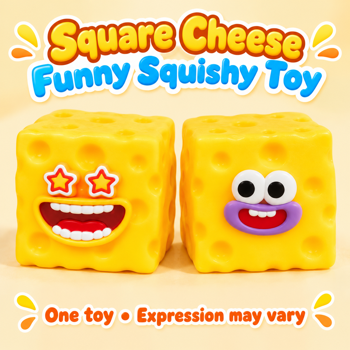 Square Cheese Crunchy Squishy Toy with Dimpled Sides and Funny Face · mproduct-525adb7048fcd345d0bf
