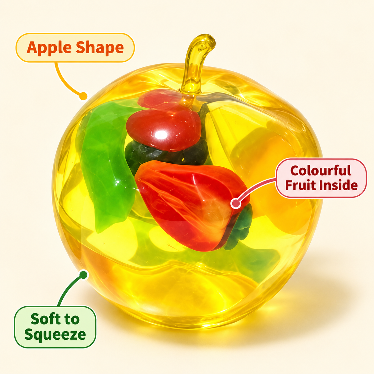 Clear Apple Squishy Toy with Colourful Fruit Shapes Inside · mproduct-60eeb4d3748464c76372