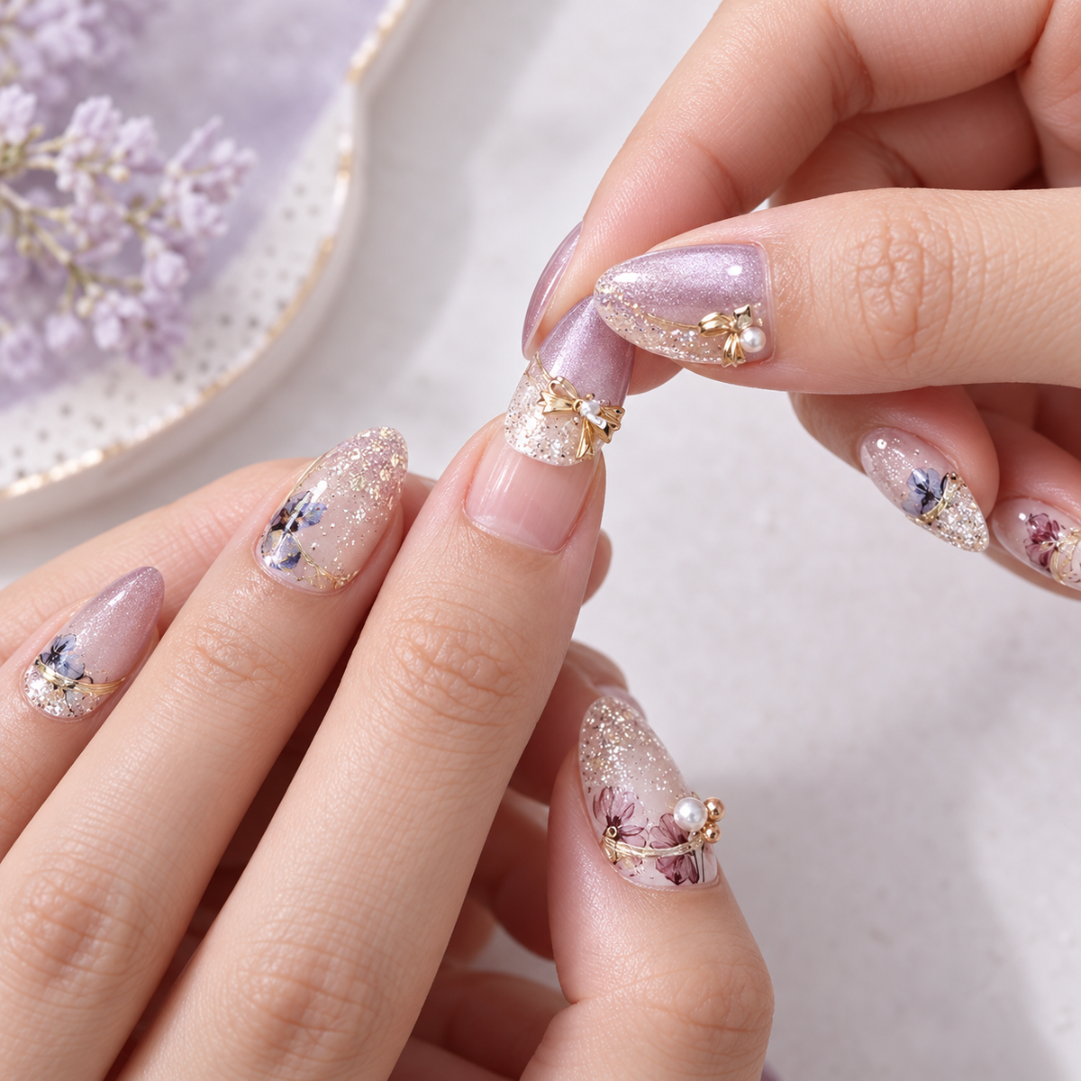 Gilded Dream Purple Bow Pearl Press On Nail Set · mproduct-63f5e139e6497226430f