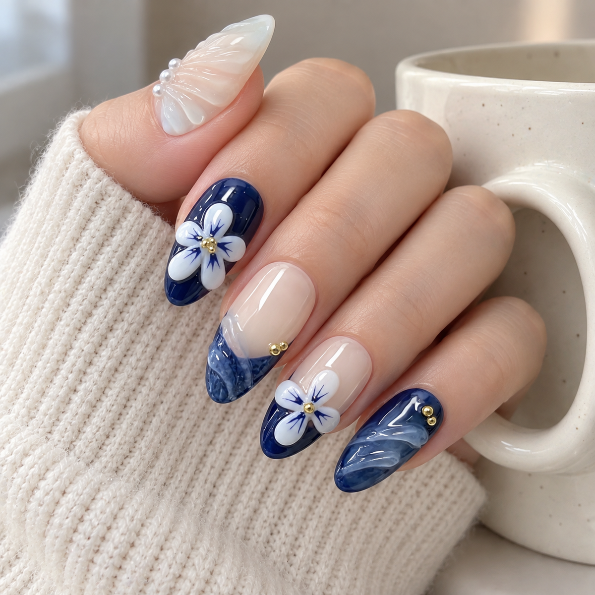 Icy Blue Lotus Pearl Floral Press On Nail Set · mproduct-65380c60a5ef9cc40228