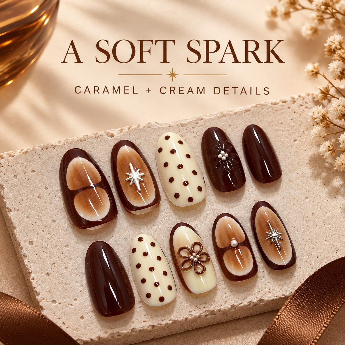 Caramel Latte Floral Starburst Press On Nail Set · mproduct-7af26489193bbd142e42