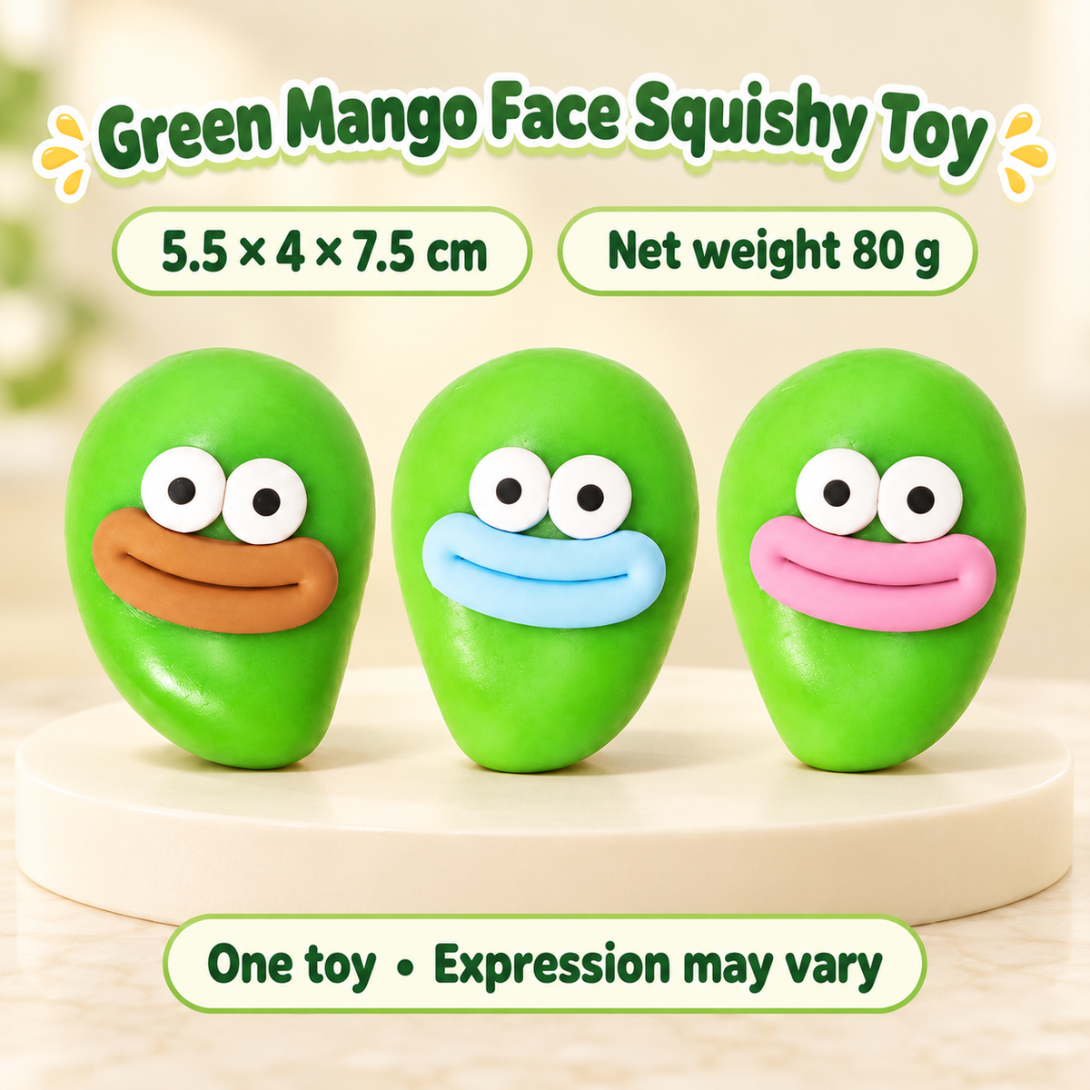 Green Mango Crunchy Squishy Toy with a Rounded Shape and Funny Face · mproduct-851c1bd7ad1247ac1b66
