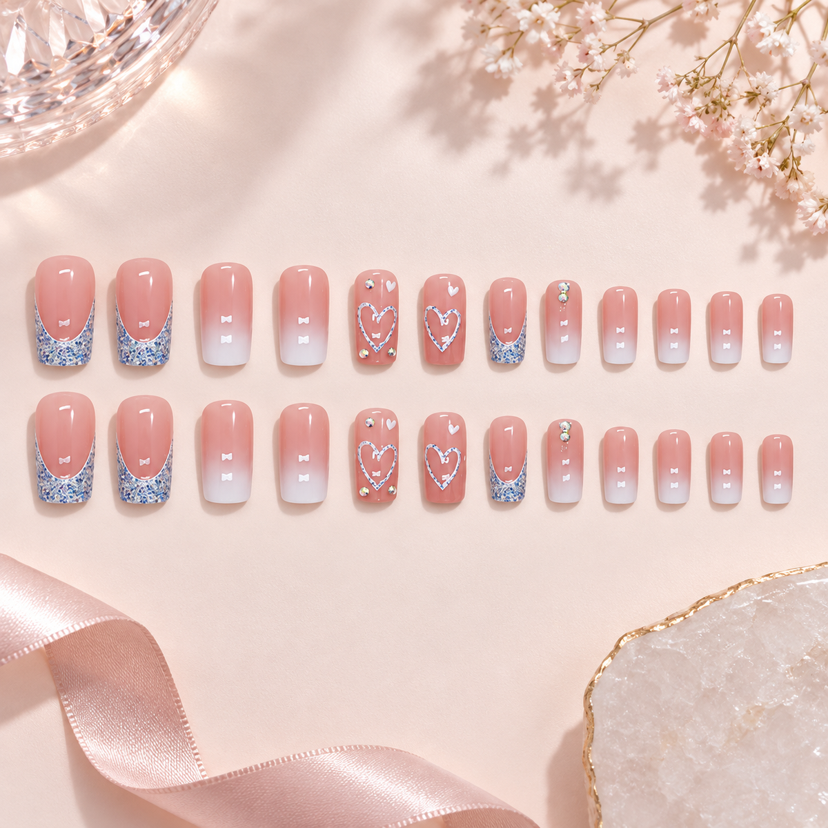 Heart Glitter White Ombre French Press On Nail Set · mproduct-860741c654e51868d98f