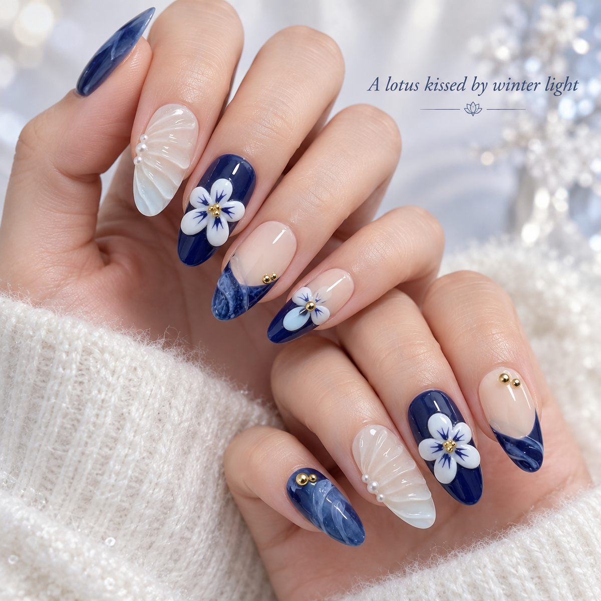 Icy Blue Lotus Pearl Floral Press On Nail Set · mproduct-89eb594b697328615676
