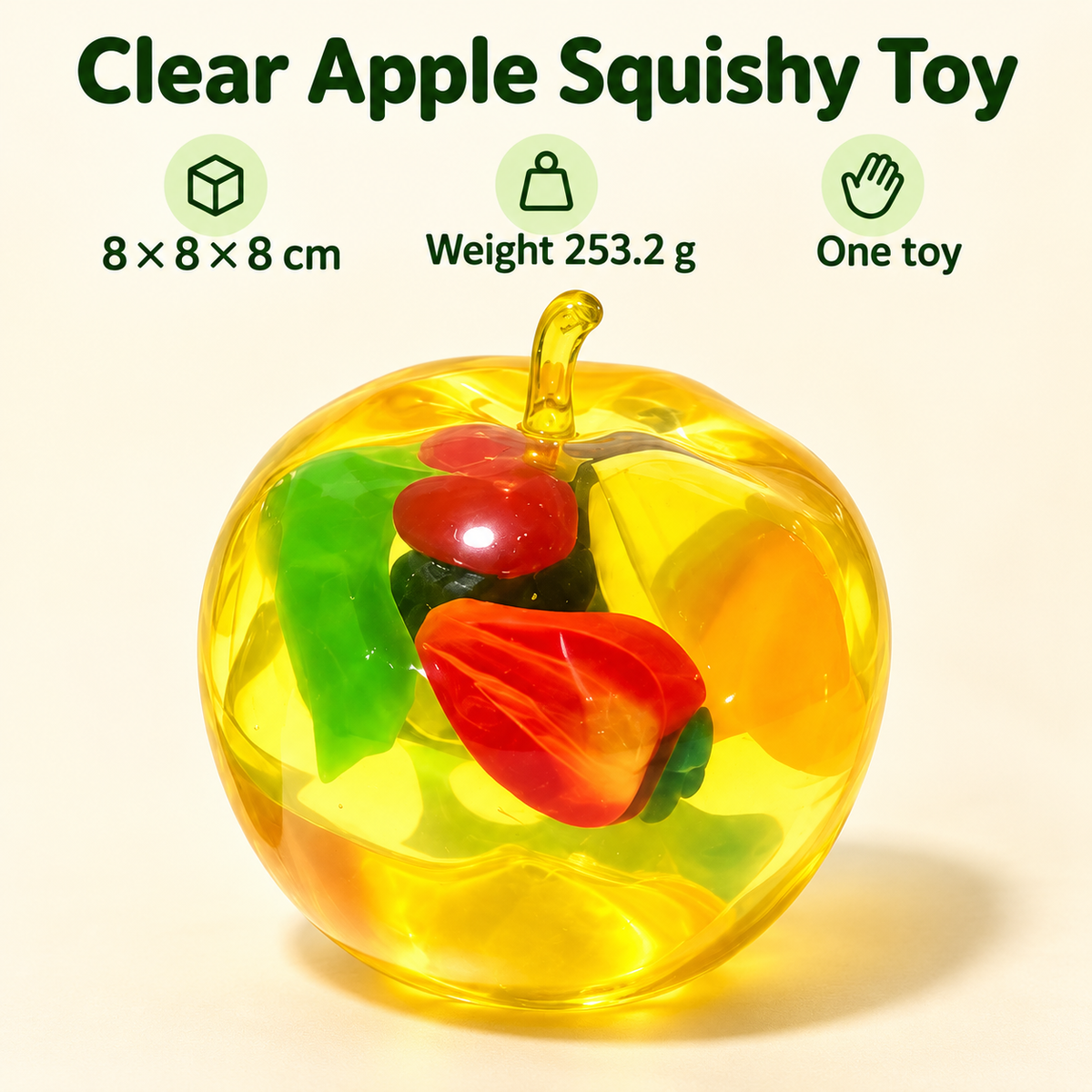 Clear Apple Squishy Toy with Colourful Fruit Shapes Inside · mproduct-8bb0c865249bf1663b7b