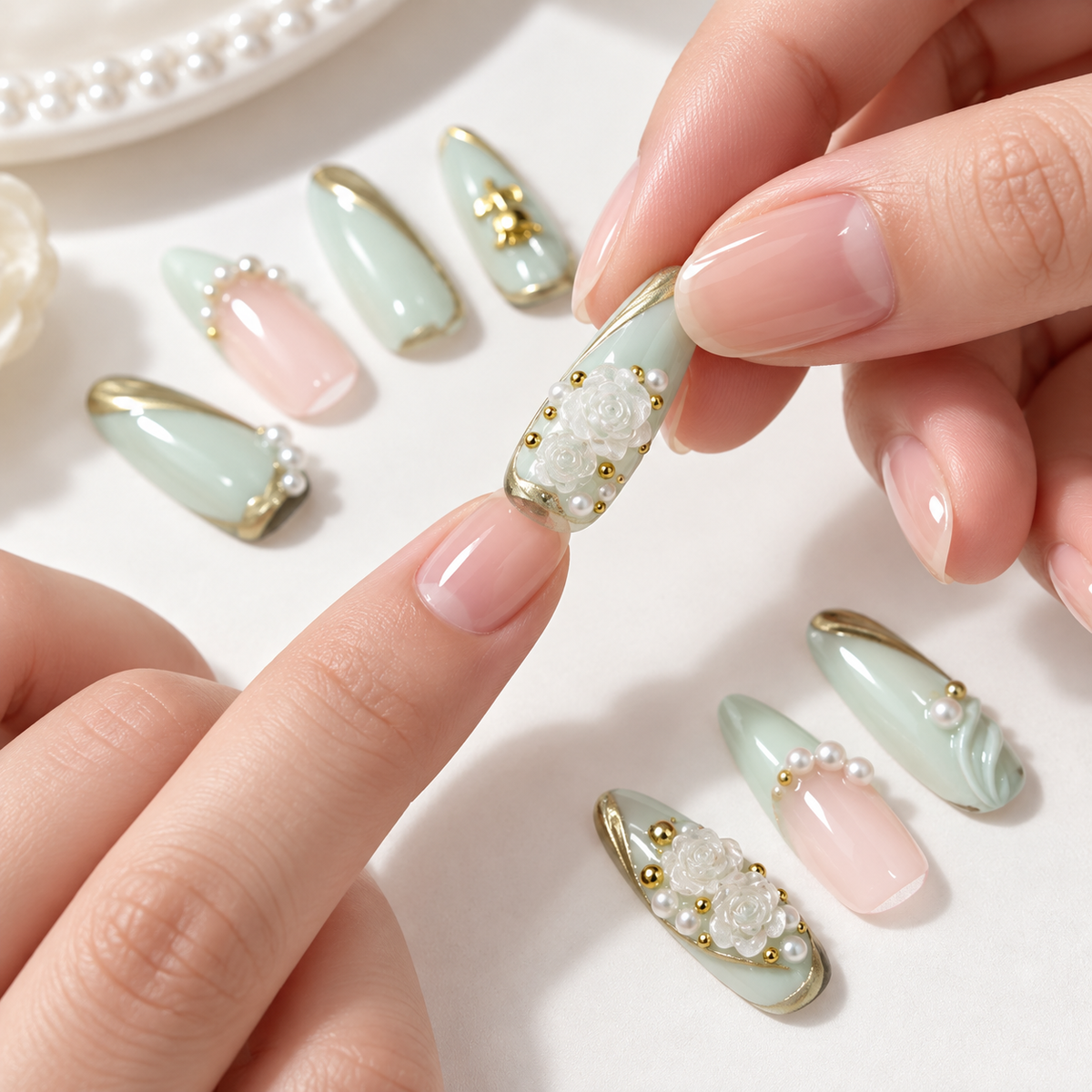 Mint Matcha Rose Pearl Press On Nail Set · mproduct-95a516ada41cbe50ec2c