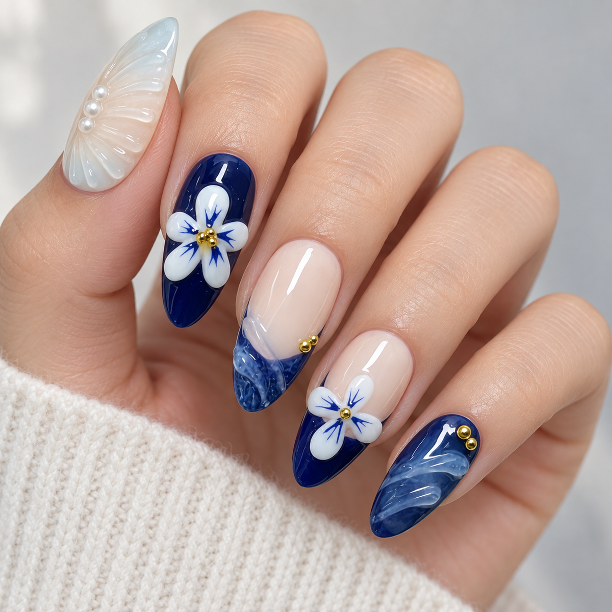 Icy Blue Lotus Pearl Floral Press On Nail Set · mproduct-9d16c97d0e7092fe9651